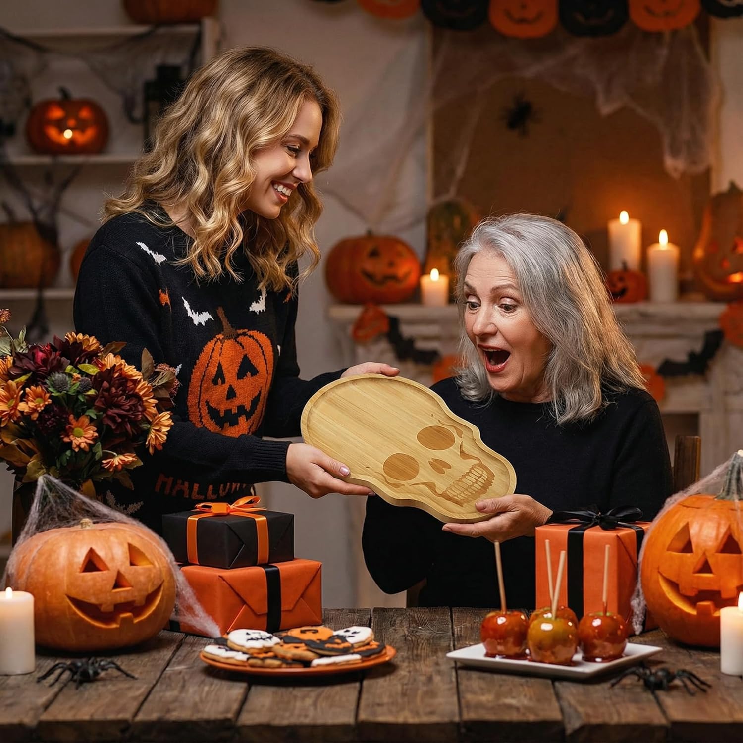 Unique Large Bamboo Wood Halloween Charcuterie Cheese Cutting Board Spooky Skeleton Decorative Serving Platter Tray for Thanksgiving Christmas Housewarming Party (2)