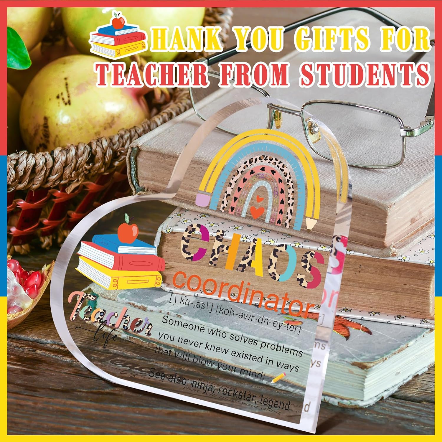 Yookeer Teacher Appreciation Gifts - 4 Inch Heart-Shaped Acrylic Paperweight - Chaos Coordinator, Meaningful Teacher Gift Birthday Teachers' Day Thank You Keepsake