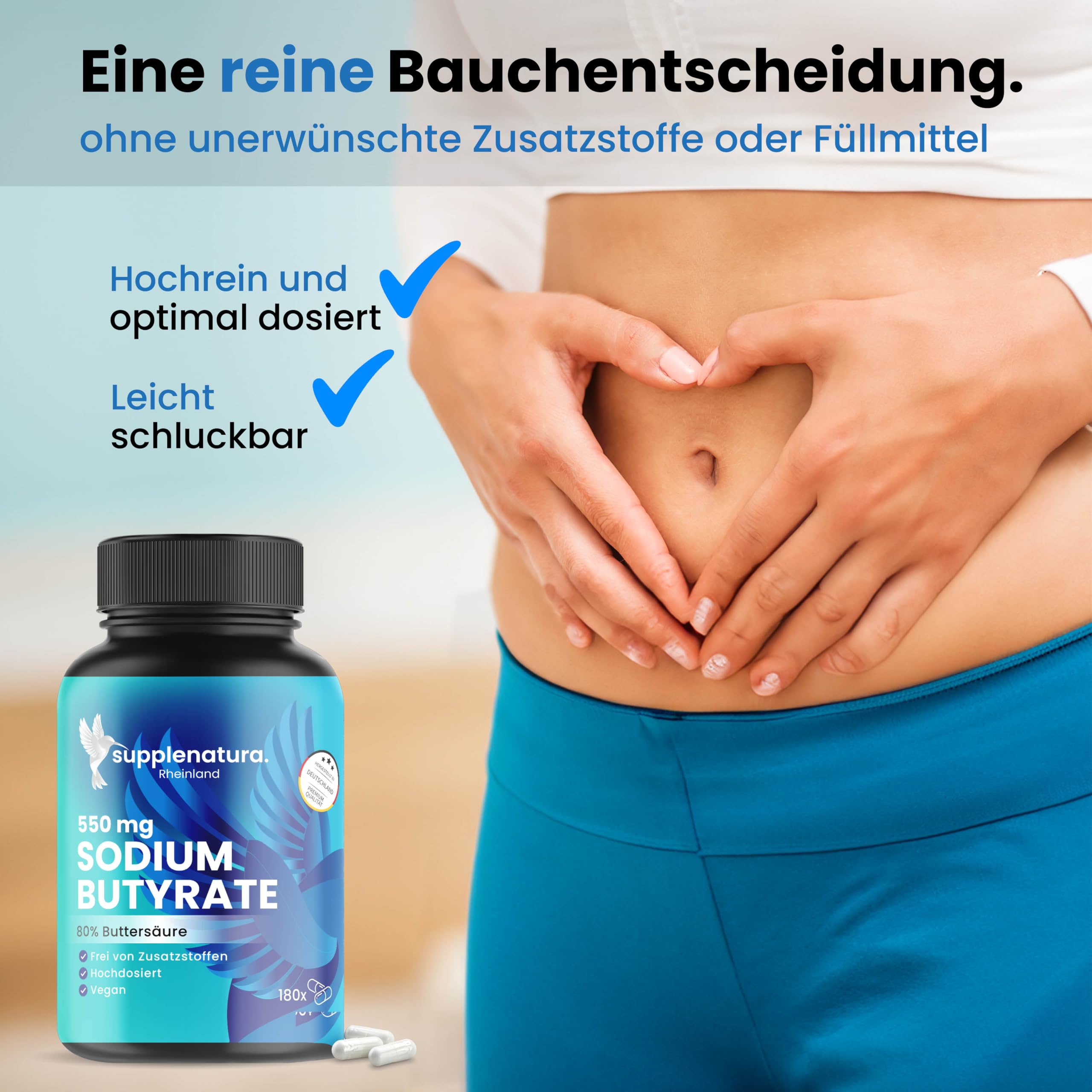 Butyrate Kapseln (180 Kapseln) PREMIUM: 550mg je Kapsel mit 80% Buttersäure | Sodium Butyrate Kapseln - Deutsche Herstellung - SUPPLENATURA®