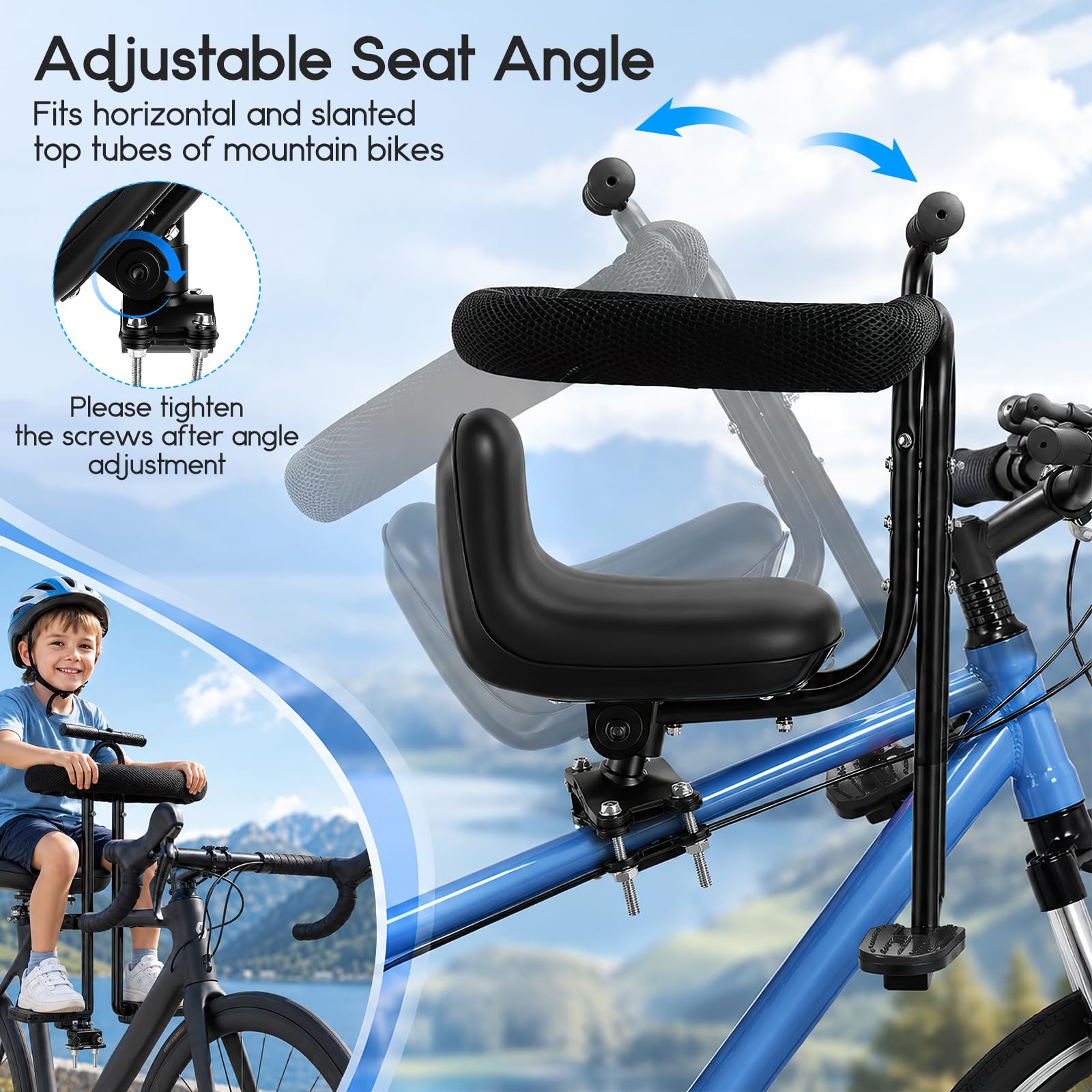 Kinderfahrradsitz Vorne – Verstellbarer Front-Kindersitz für 1-7 Jahre (bis 50 kg), mit Schutzbügel & Fußstützen, für Mountainbikes & Fahrräder mit Oberrohr