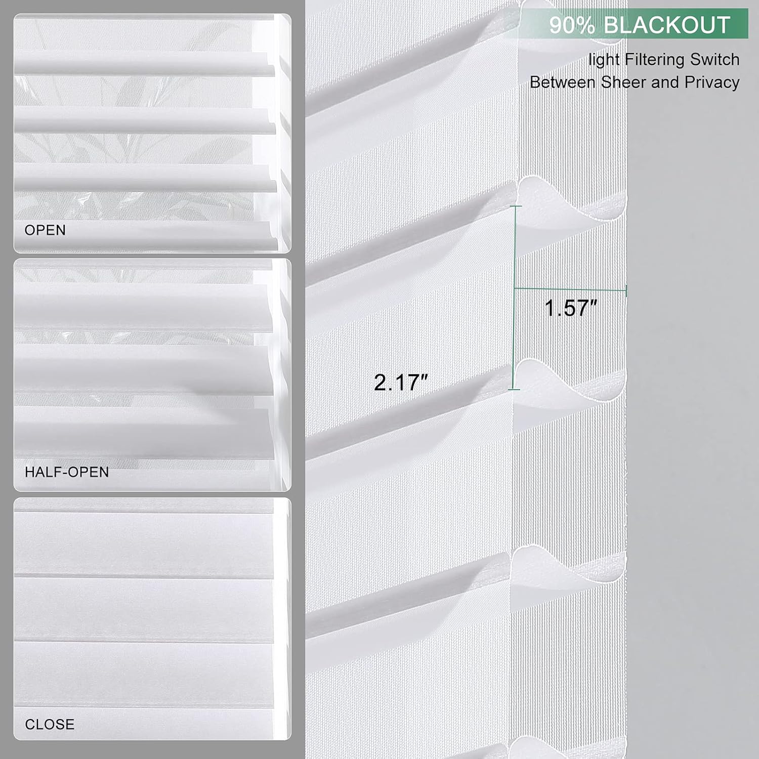 Tonature Custom Size Motorized Window Shades 90% Blackout Shangri-La Roller Blinds Triple Sheer Shades UV Protection Privacy Window Blinds for Window Light Control for Day and Night Glacier White