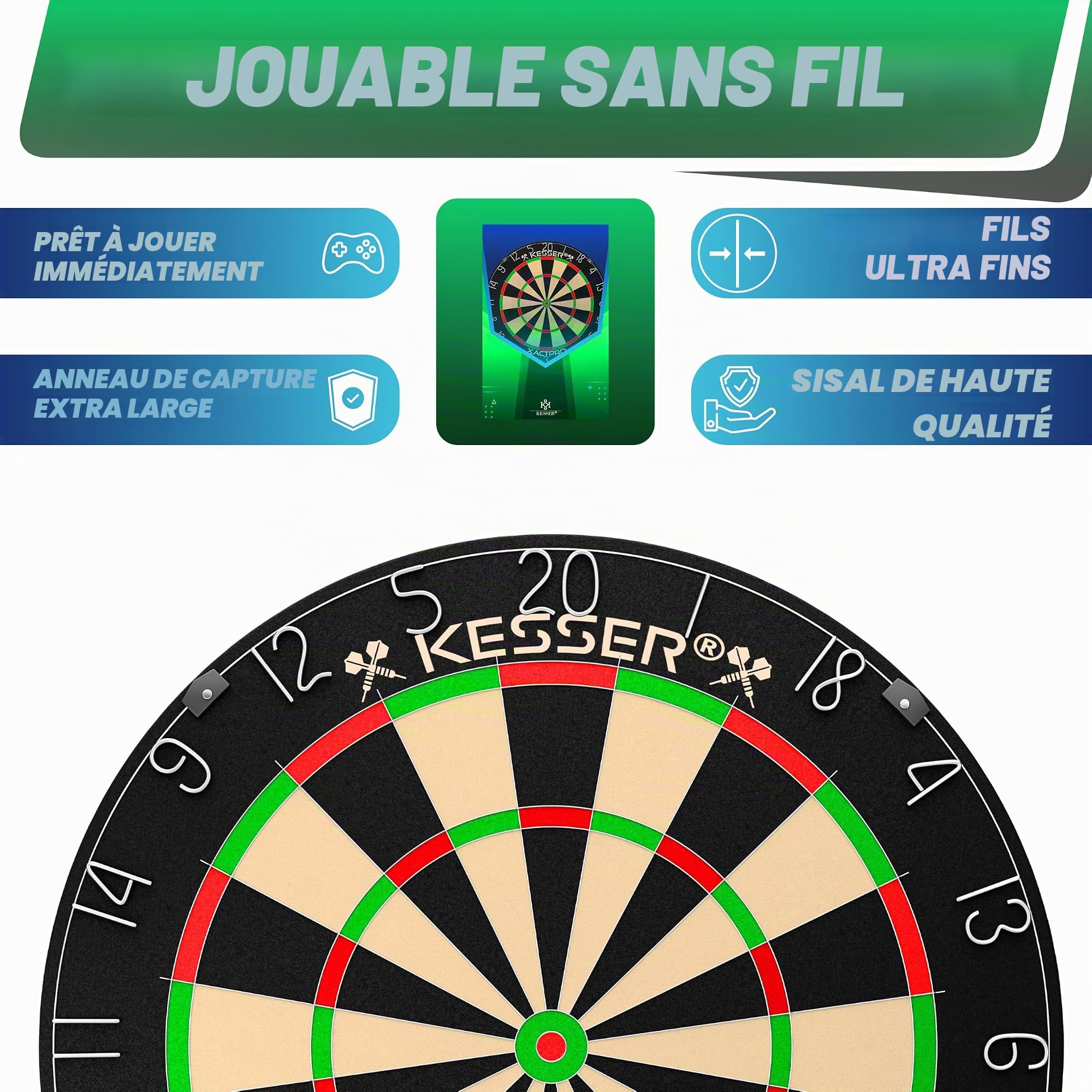 KESSER® Jeu de fléchettes pour pointes en acier, avec cible en liège, 9 fléchettes à pointe métallique, 21 ailettes Pro et accessoires, matériel de montage inclus