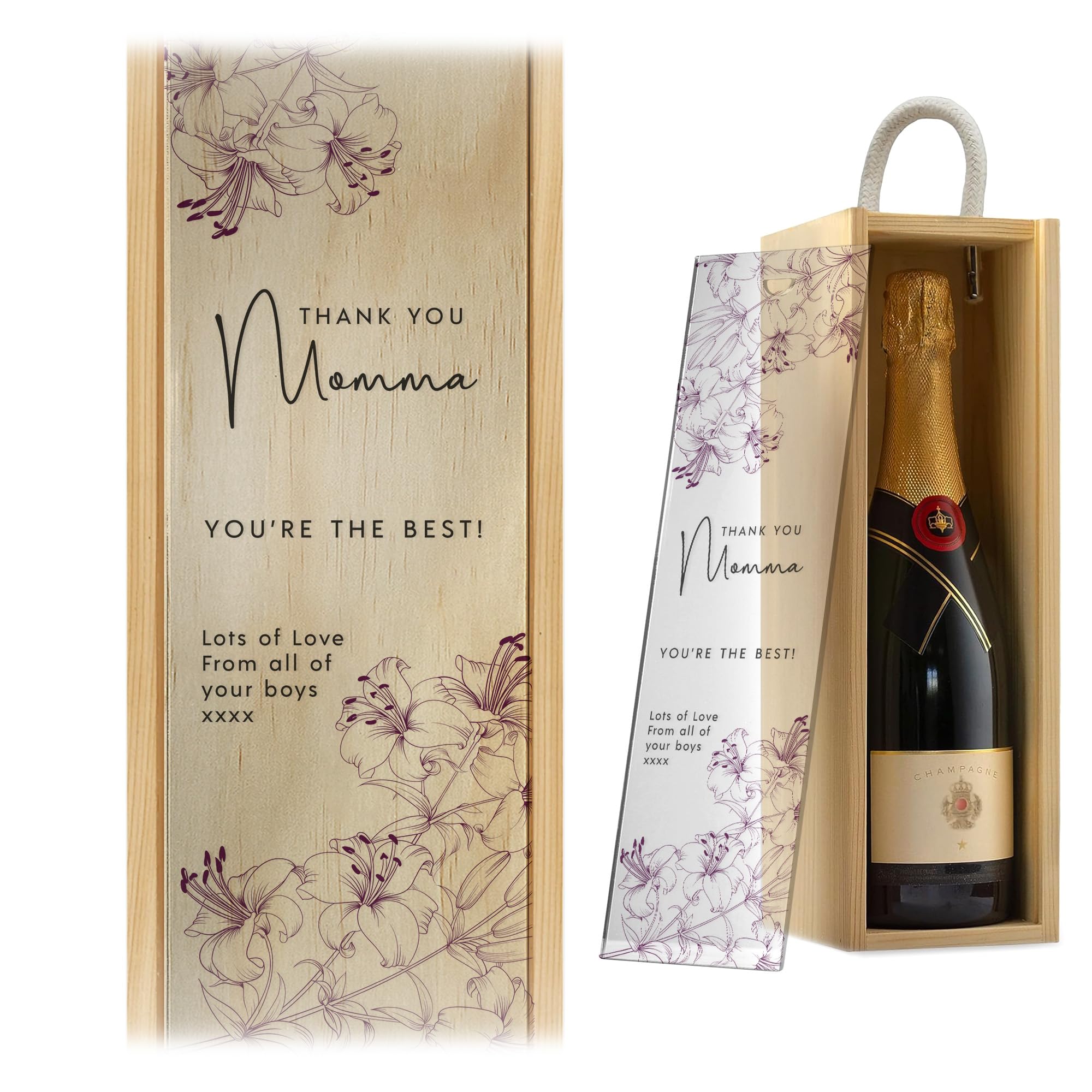 A1 Graphics Ltd Personalised Wine Box Custom Printed Couples Gift for Mother's Day - Purple Lilies (Clear Lid)