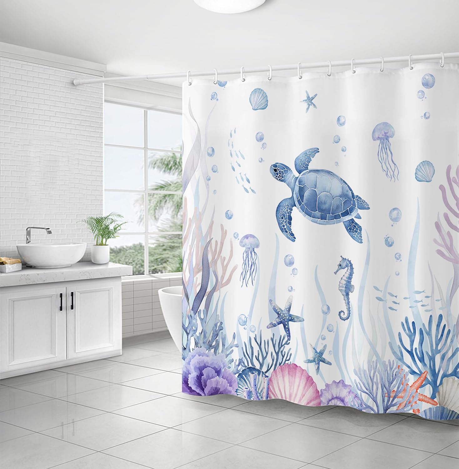 Instellar Floral Watercolor Shower Curtain for Bathroom- Bule Polyester Decorative Waterproof Shower Curtain Sets,Country Plant Bathroom with 12 Hooks 72x72 Inches