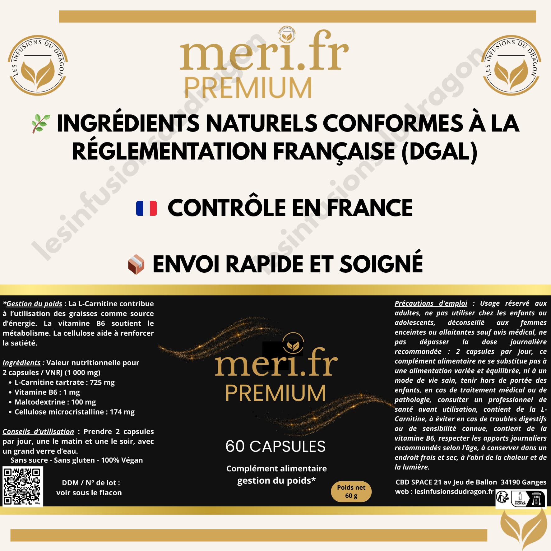 Meri.fr PREMIUM – Nouvelle Formule Efficace à la L-Carnitine |2 x 60 Gélules Naturelles | Aide au Contrôle de l’Appétit & Métabolisme des Graisses | Expédié depuis la France