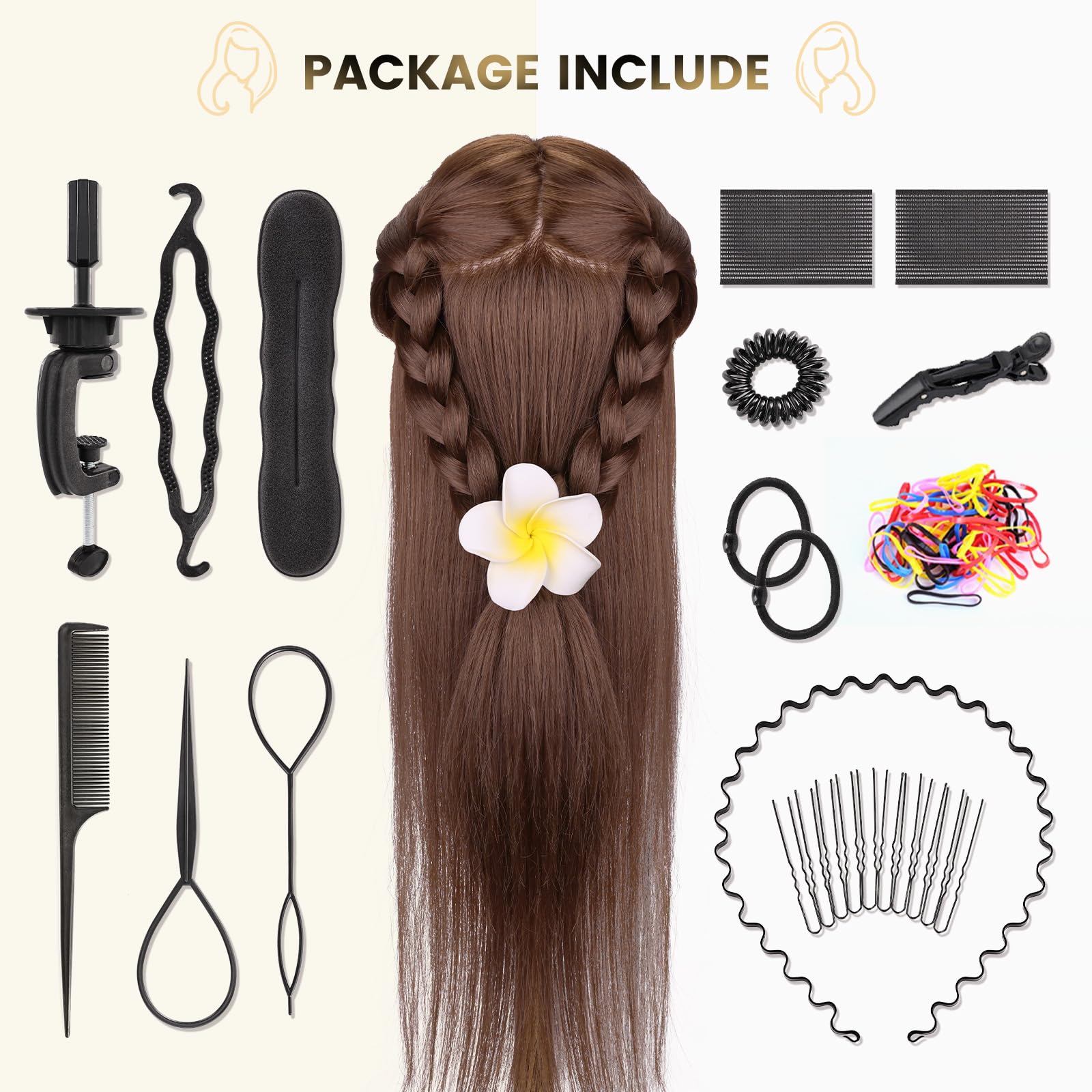 Cabeza de Peluqueria, Yofuly 26inch Cabeza Maniquí, 80% Cabello Humano, Cabeza Práctica Modelo Maniqui de Cosmetología con Abrazadera de Mesa y Juego de Trenzas de Cabello DIY Maniquí (castaño claro) — view 8
