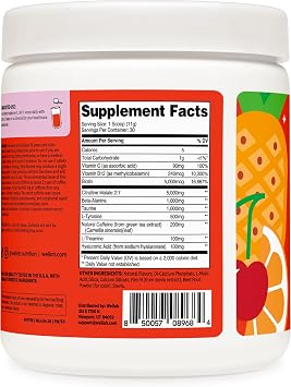Wellah Pre-Workout Drink Mix (Fruit Punch Flavored, 30 Servings) - with Citrulline Malate and L-Theanine, 200mg of Natural Caffeine & 1000mg of Beta-Alanine