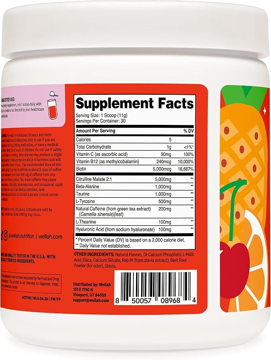 Wellah Pre-Workout Drink Mix (Fruit Punch Flavored, 30 Servings) - with Citrulline Malate and L-Theanine, 200mg of Natural Caffeine & 1000mg of Beta-Alanine