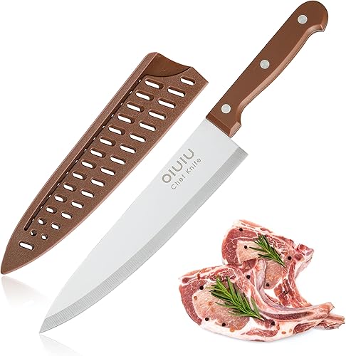 OLULU Cuchillo de chef de 8 pulgadas, cuchillo de cocina afilado con funda protectora para cuchillo, cuchillo afilado con mango ergonómico, acero