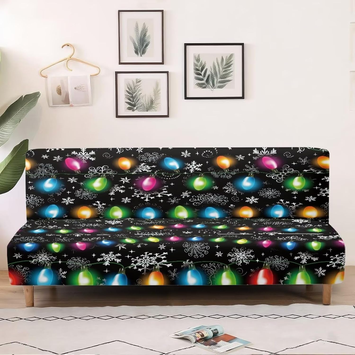 Christmas Lights Black Futon Cover Sofa Covers Armless Couch Cover Slip Covers Ethnic Stretch Futon Slipcover Furniture Protector for Living Room Decor Washable