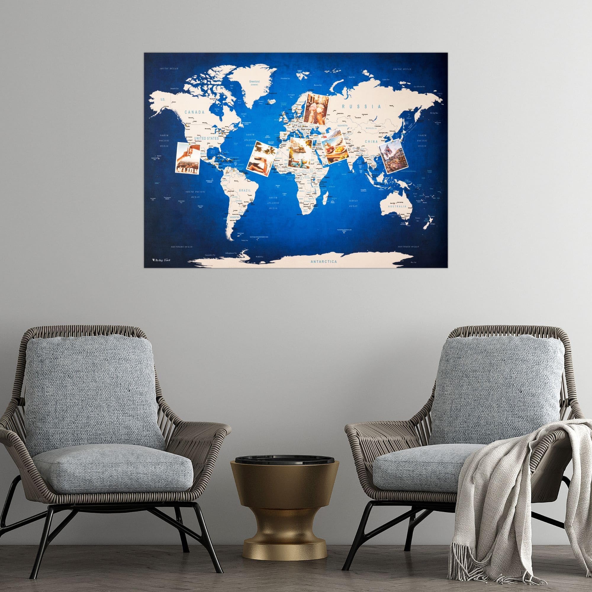 XL Weltkarte als Pinnwand | Reiseziele und Urlaub pinnen | Landkarte auf samtigem Polyestergewebe in Blau | DIN A1 84 x 59 cm, inkl. 50 Pins