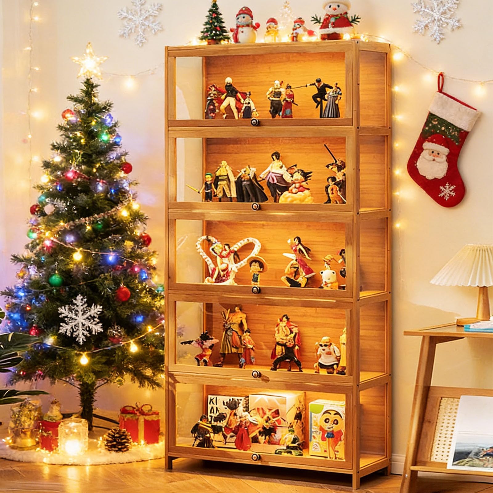 Standvitrine mit Acrylglas, 5 Böden Glas Vitrinenschrank, Dreiseitiger Transparenter Geschirrschrank, Bücherschrank mit Türen, für Wohnzimmer,Schlafzimmer,Büro (braune Klappe)