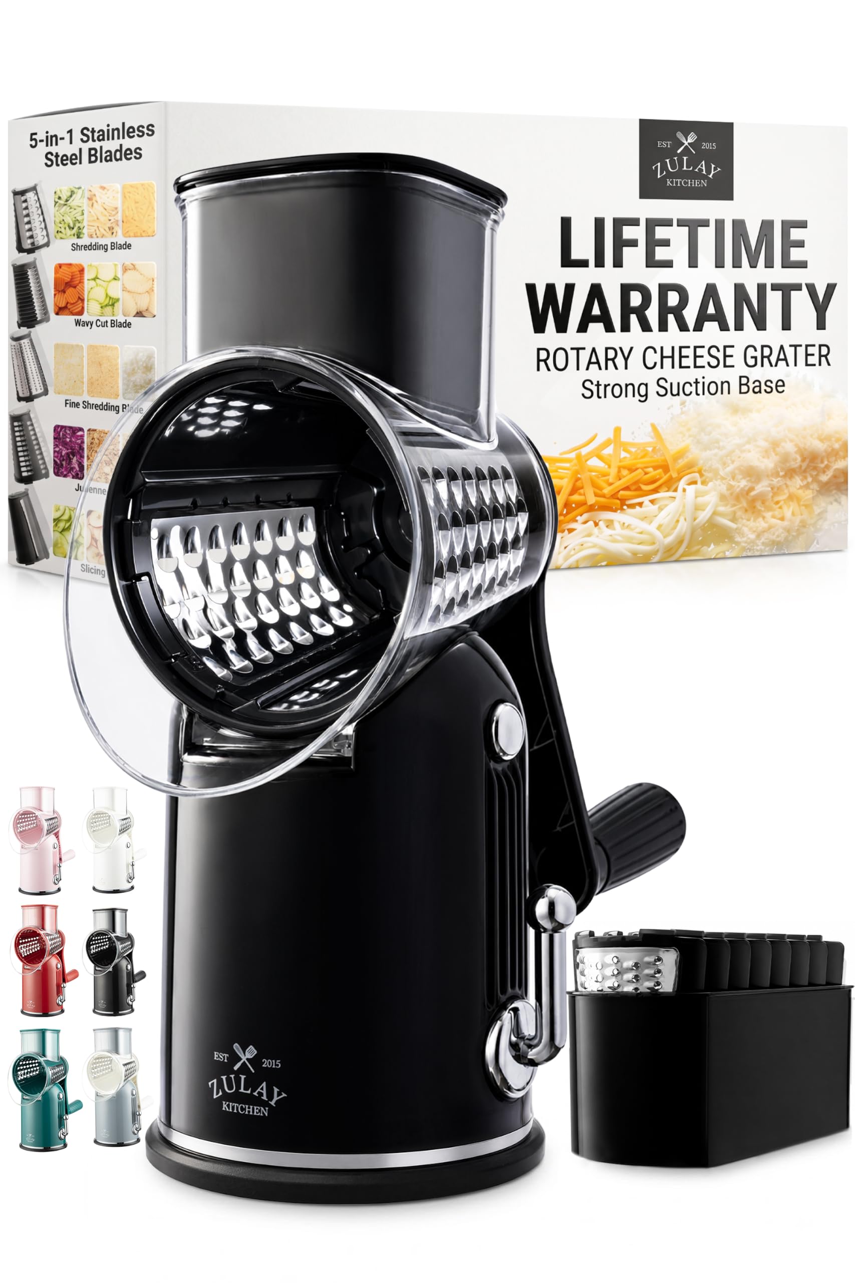 Rotary Cheese Grater Manual Hand Crank 5 Blade Shredder, Classic Black
