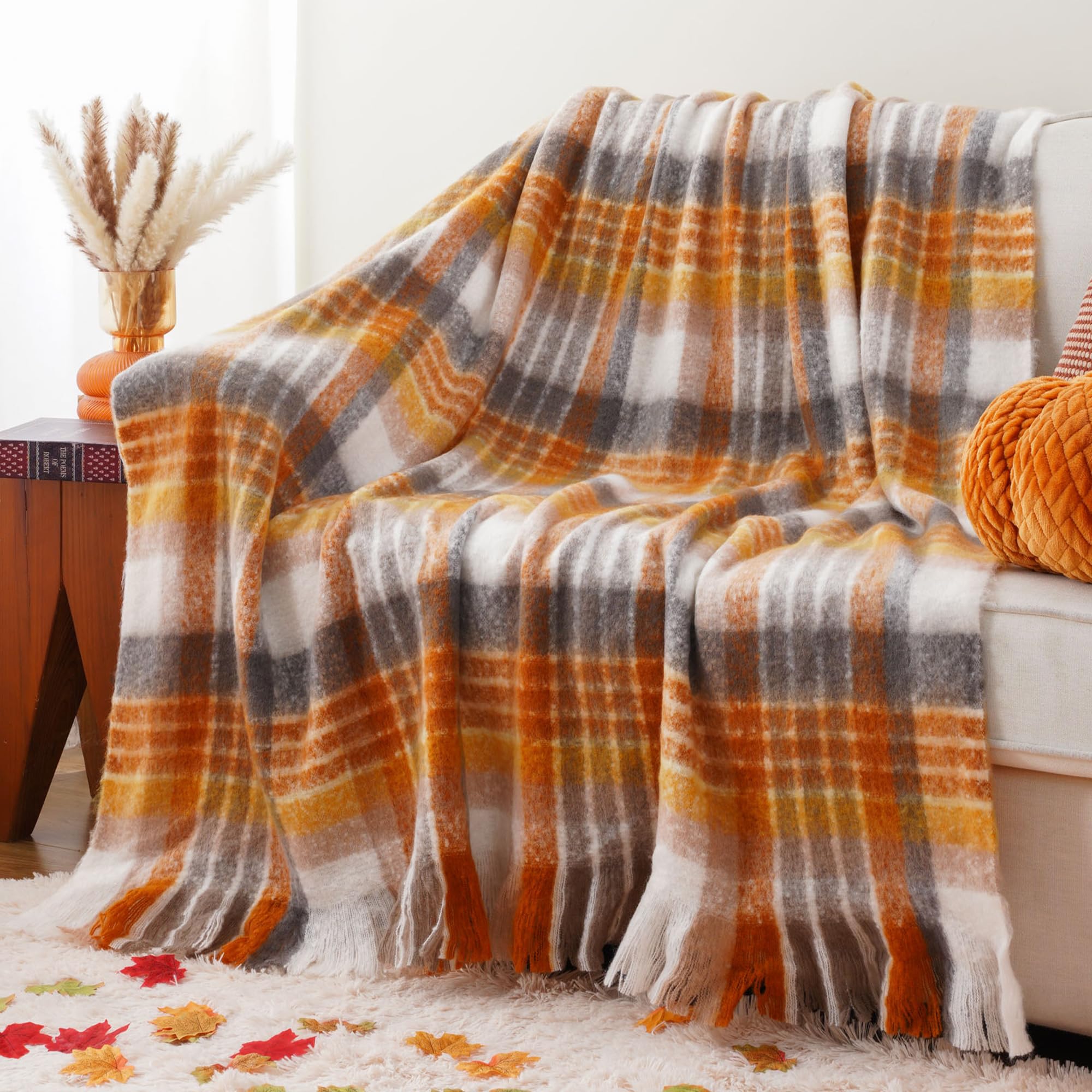 Battilo Yellow Plaid Throw Blanket for Couch Bed, Farmhouse Mohair Plaid Blankets, Soft Cashmere Checkered Pattern, Spring Throw Blankets for Home Decor(125x150cm)