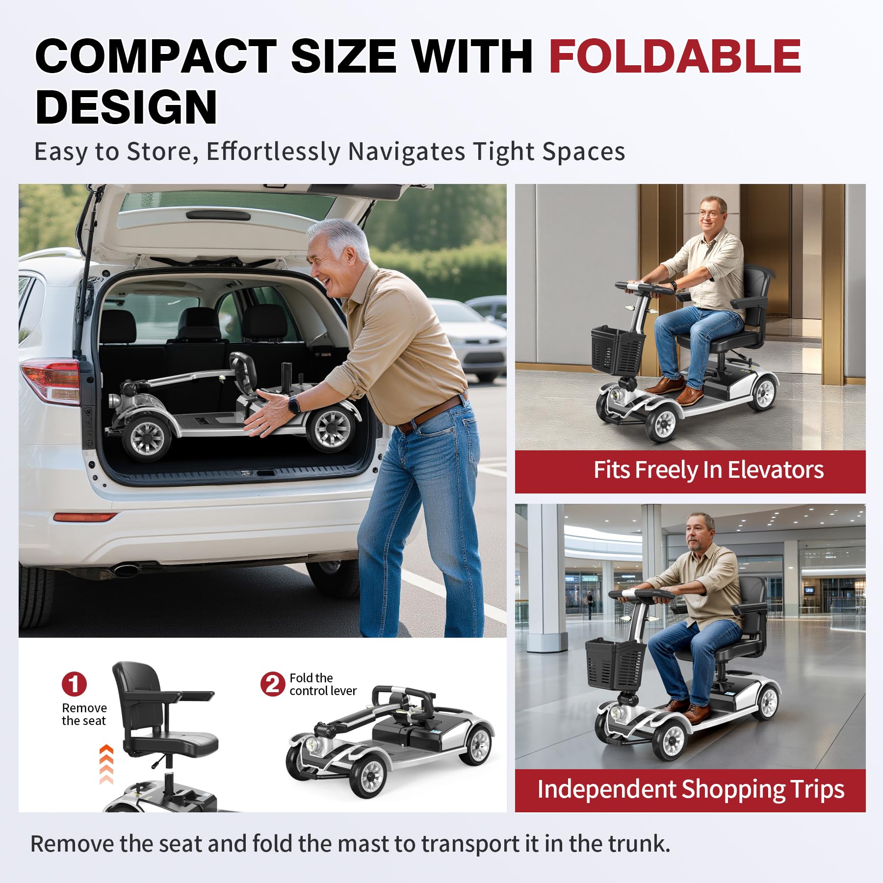 Scooter de movilidad plegable, silla de ruedas eléctrica plegable de 4 ruedas para adultos y personas mayores, con batería de largo alcance, cesta y luz para coche