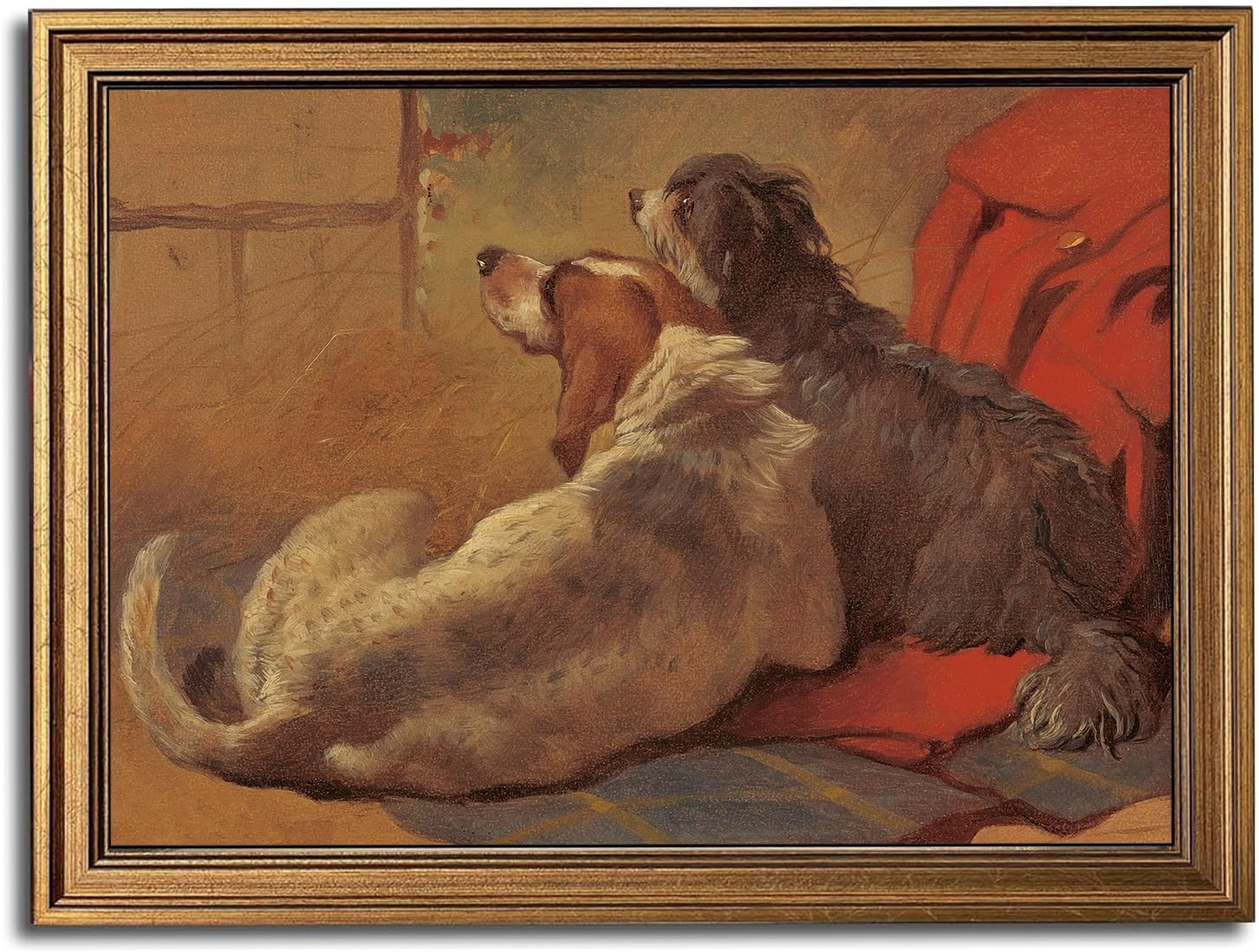 Gold Framed Wall Art Vintage Canvas Wall Art Hound and Bearded Collie Seated on a Hunting Coat Artwork Prints Picture for Living Room Bedroom Farmhouse Bathroom Office Decor, 16x24 Vintage-19 Framed 16x24