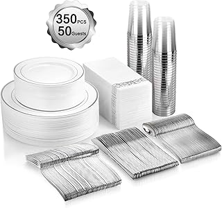 350 Piece MCIRCO Silver Dinnerware Set - 100 Silver Rim Plastic Plates - 50 Silver Plastic Silverware - 50 Silver Plastic Cups - 50 Linen Like Silver Paper Napkins, 50 Guest Disposable Silver Dinner
