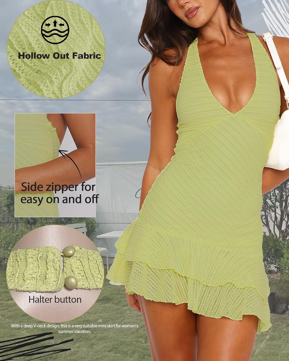 Women's Summer Dresses 2026 Sexy Halter V Neck Backless Hollow Out Ruffle Bodycon Cocktail Party Vacation Mini Dress - Image 4