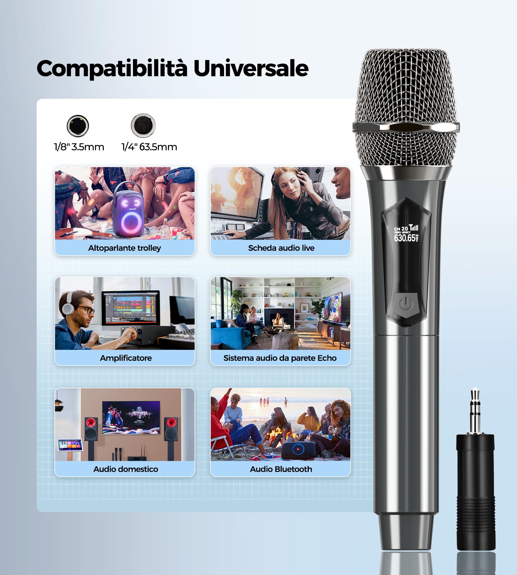 MAILANGSHI Microfono Wireless, sistema di microfono cordless portatile doppio in metallo ricevitore ricaricabile, durata 50ore, portata 200 piedi, microfoni per karaoke per canto karaoke (Grigio)