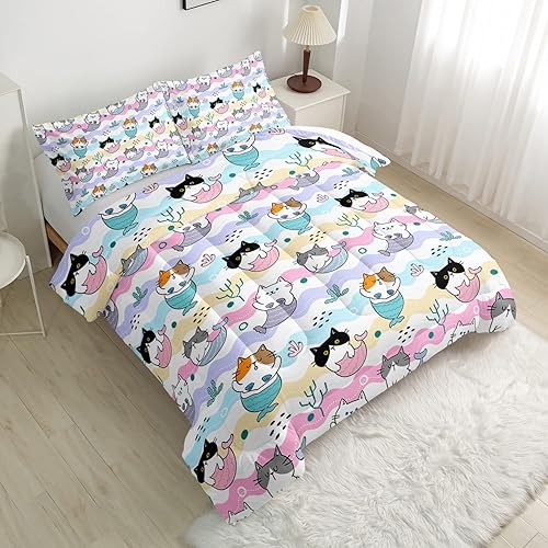 Miniatura 2 de CVHOUSE Juego de edredón Kawaii de gato, tamaño individual, juego de ropa de cama Kawaii de dibujos animados para niños, lindo juego de edredón de