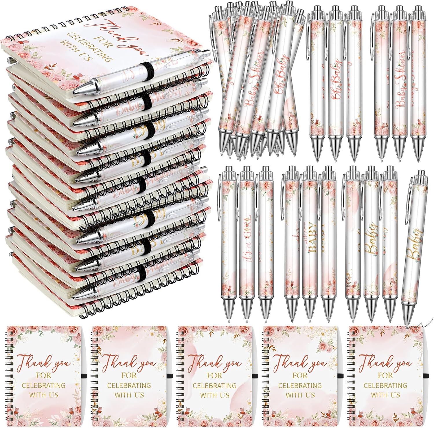 Skyygemm 60 pcs/30 Set Floral Baby Shower Favors Gifts for Guests Includes Floral Small Spiral Notebook Bulk Flower Retractable Ballpoint Pen for Baby Shower Gender Reveal Guest