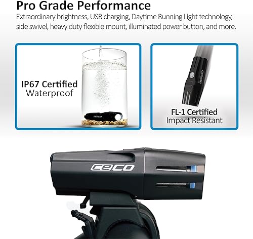 Miniatura 5 de CECO Faro de bicicleta súper brillante de la serie F 2.0 de 1,000 lúmenes de EE. UU., resistente al agua IP67, resistente a los impactos FL-1,