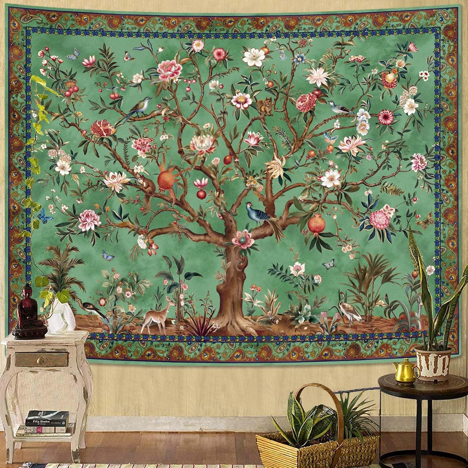 Faxdong Boho Tree of Life Tapestry - Vintage Bohemian Flower Birds Animals Wall Hanging, Retro Green 36x48 Inch