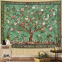 Faxdong Boho Tree of Life Tapestry - Vintage Bohemian Flower Birds Animals Wall Hanging, Retro Green 36x48 Inch