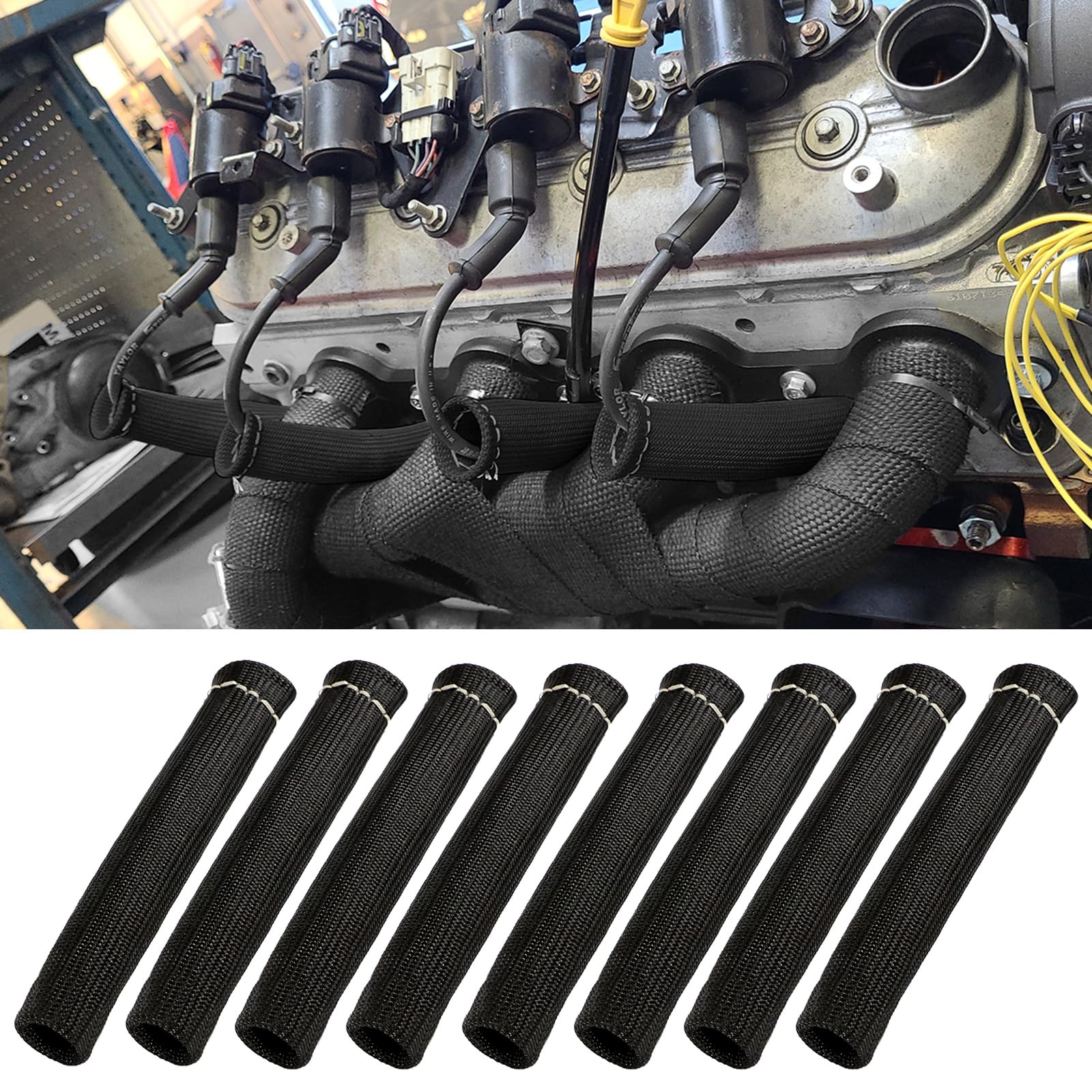 8PCS Spark Plug Wire Heat Shield Sleeve, 2500° Spark Plug Wire Cover, Thermal Protection Insulator Sleeve, 6 Inch Spark Plug Boot Protector Wire Boots Wrap for SBC BBC 350 454