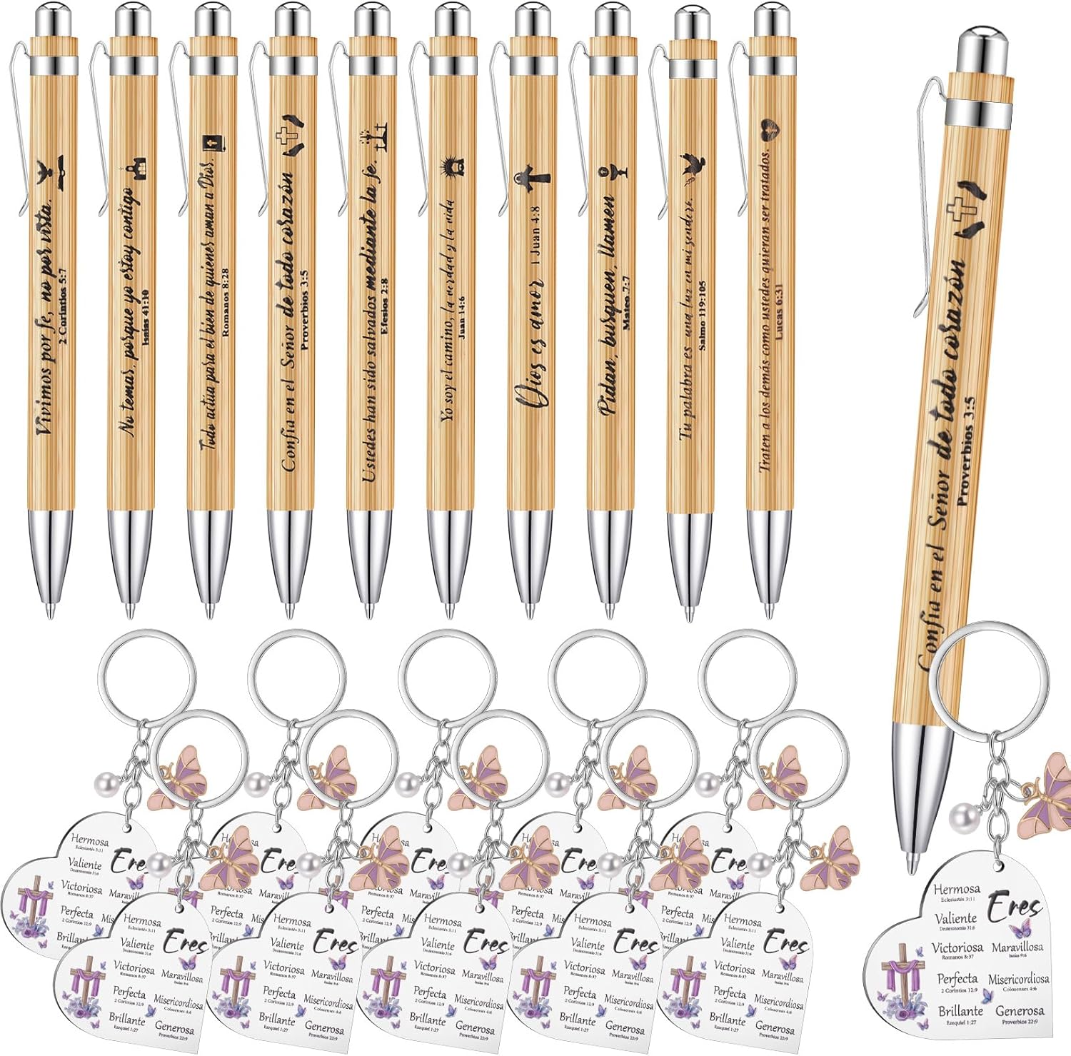 20 Pcs Spanish Bible Verse Ballpoint Pens Bamboo Inspirational Pens with Spanish Christian Inspirational Keychain Employee Appreciation Gift Church Gift in Bulk for Women Sister Church