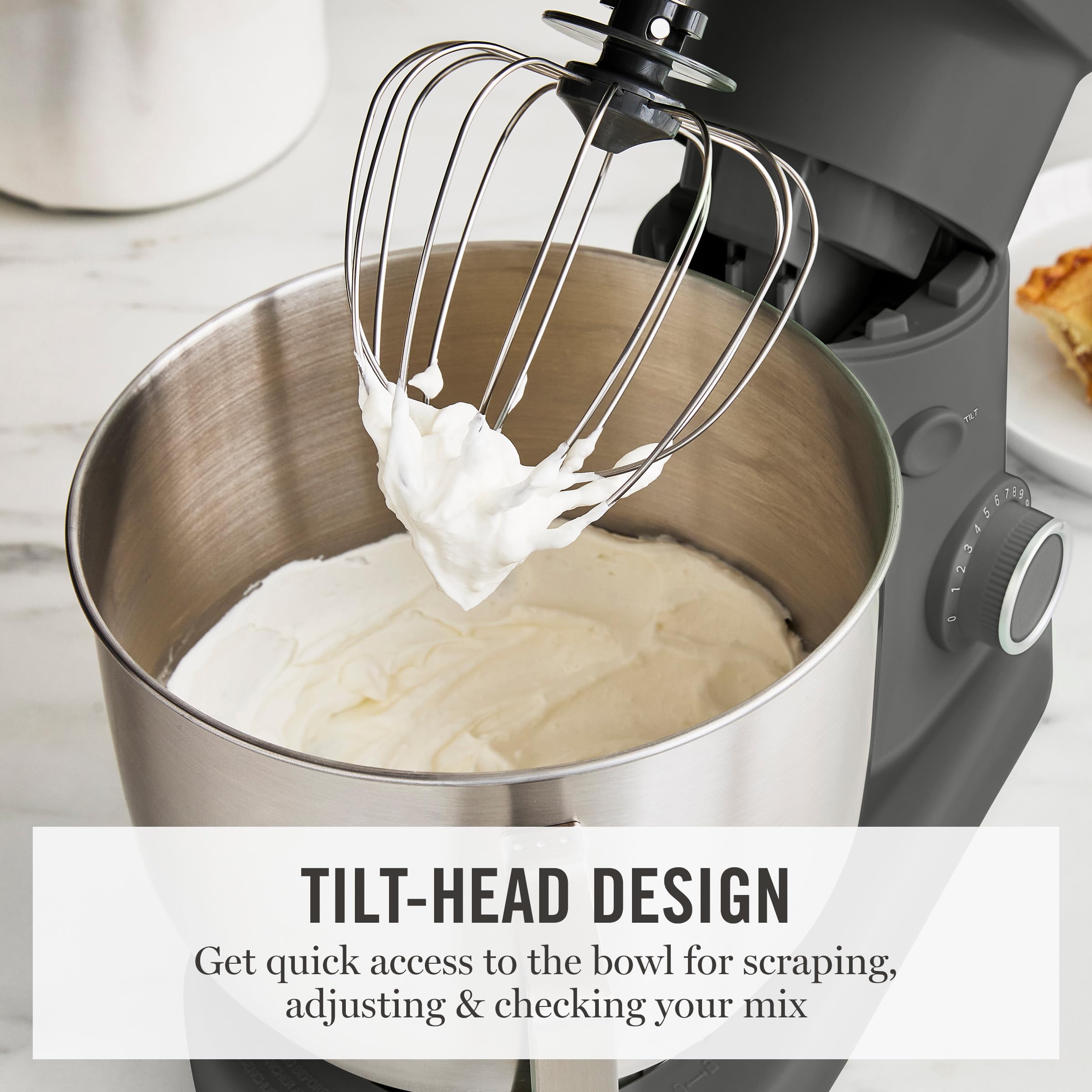 Martha Stewart Stand Mixer, 12 Speed, Tilt-Head, 5.3QT Stainless Steel Bowl, Splash Guard with Pour Chute, Whisk, Dough Hook, Flat Beater, Electric Kitchen Baking Mixer, Bread, Cake, Whip, Caviar Gray - 5