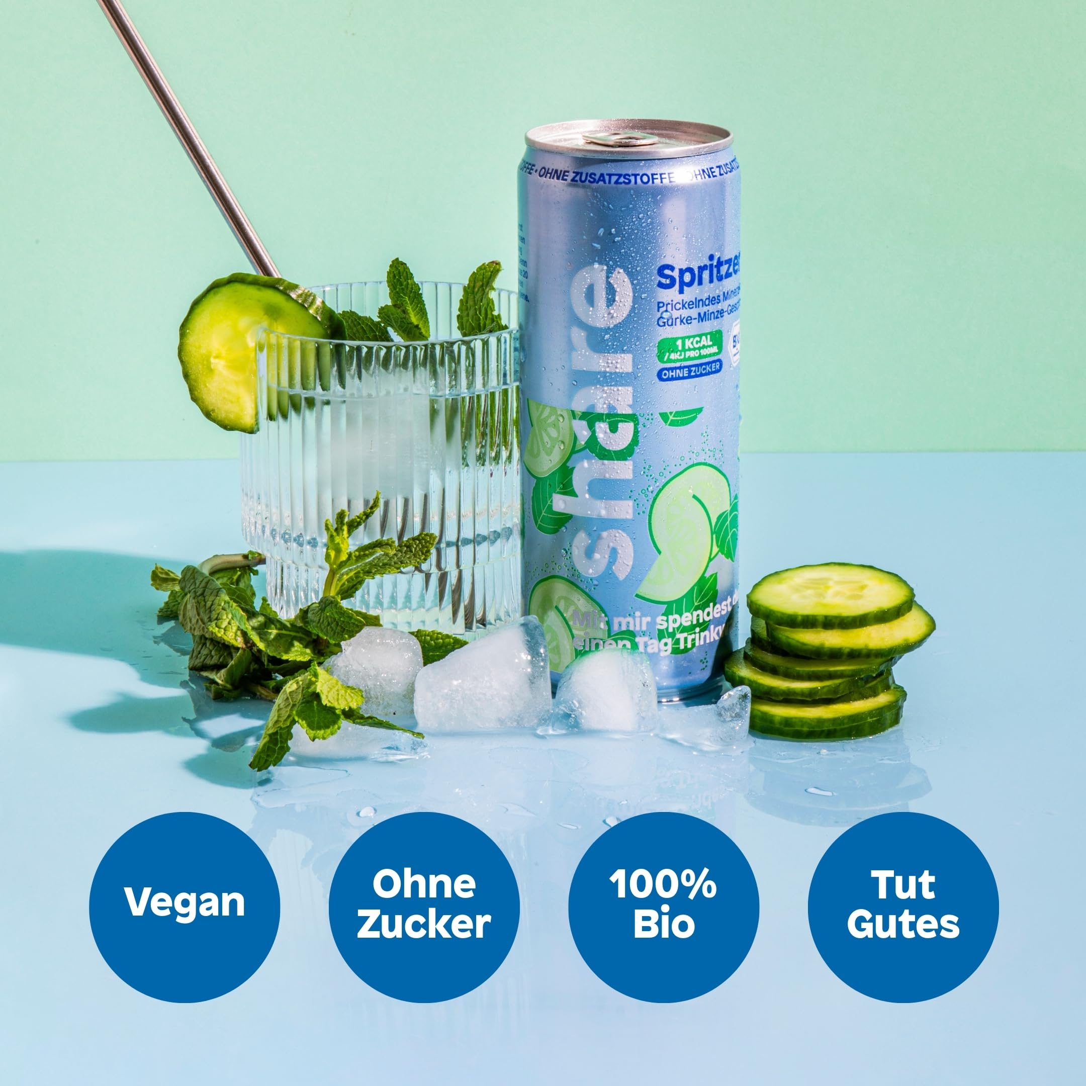share Bio Spritzer Gurke Minze - Wasser mit Geschmack (24x330ml) | Ohne Zucker, 1 kcal pro 100 ml, Spritzig fruchtig – Bio-Mineralwasser ohne Zusatzstoffe – Jeder Kauf spendet