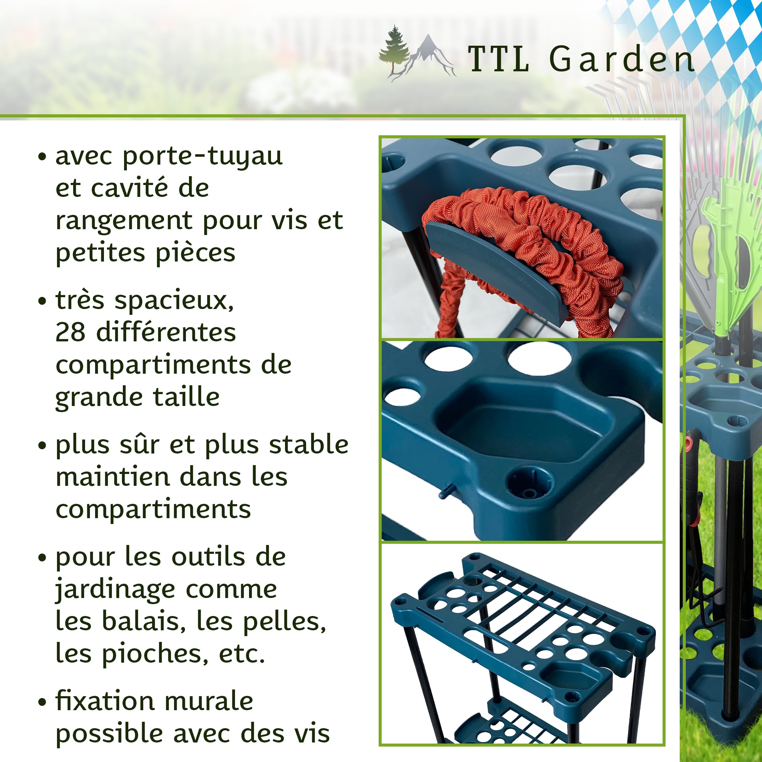 TTL Commerce Garden Support rectangulaire outils de jardin 61x58x31cm 28 compartiments Support et organiseur le rangement balais,bêches,râteaux et outils de jardin,abri de jardin et garage Vert/Noir