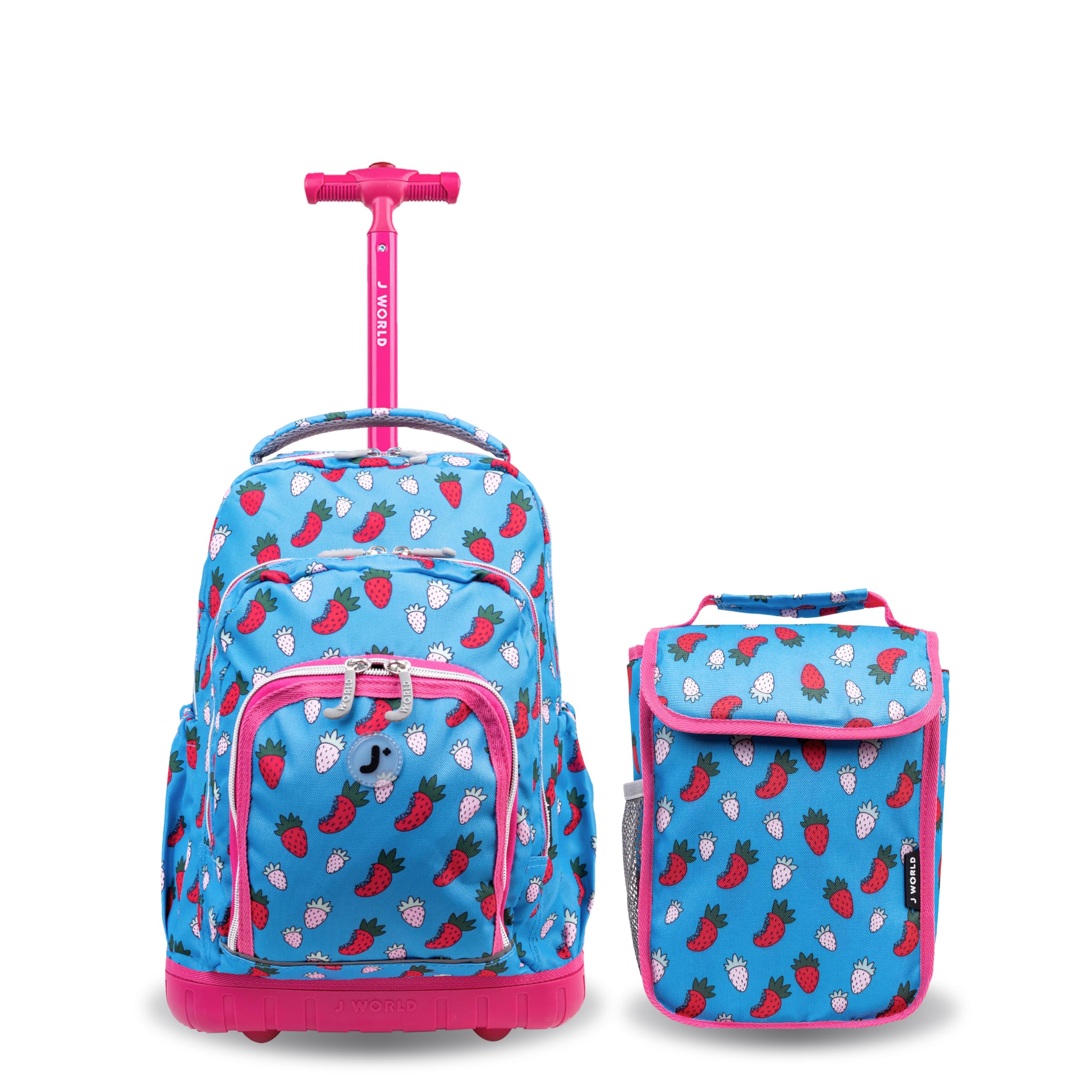 J World Lollipop Kids Rolling Backpack & Lunch Bag Set for Elementary School. Carry-On Suitcase with Wheels, Strawberry