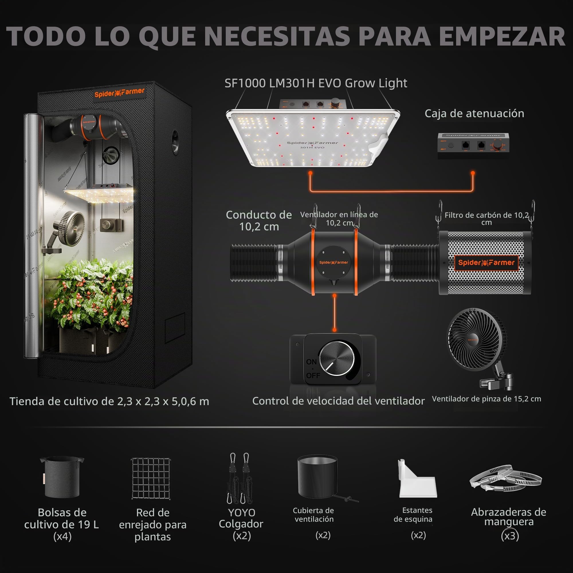 Spider Farmer Kit de Armario de Cultivo Completo 70x70x160cm SF-1000 Diodos Samsung Regulables 2.3x2.3ft Kit de Armario de Cultivo con Ventilador en Línea de 4 Pulgadas Filtro de Carbono