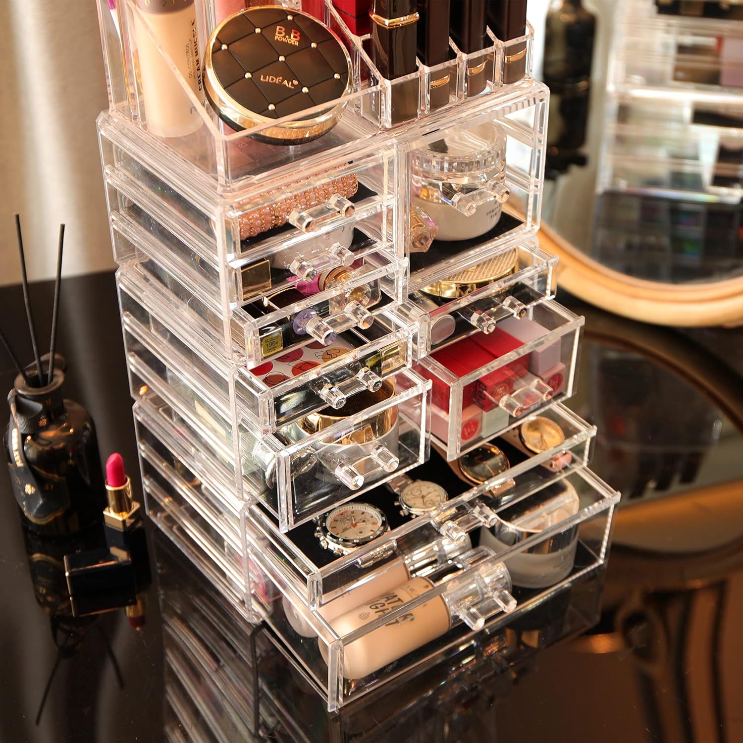 Cq acrylic 4 Pack Clear Make up Organizer Countertop,Stackable 10 Drawers Makeup Storage,Cute Vanity Organizers for dresser Hair Clip,Jewelry,Beauty Product Desk and Bathroom Organizers and Storage