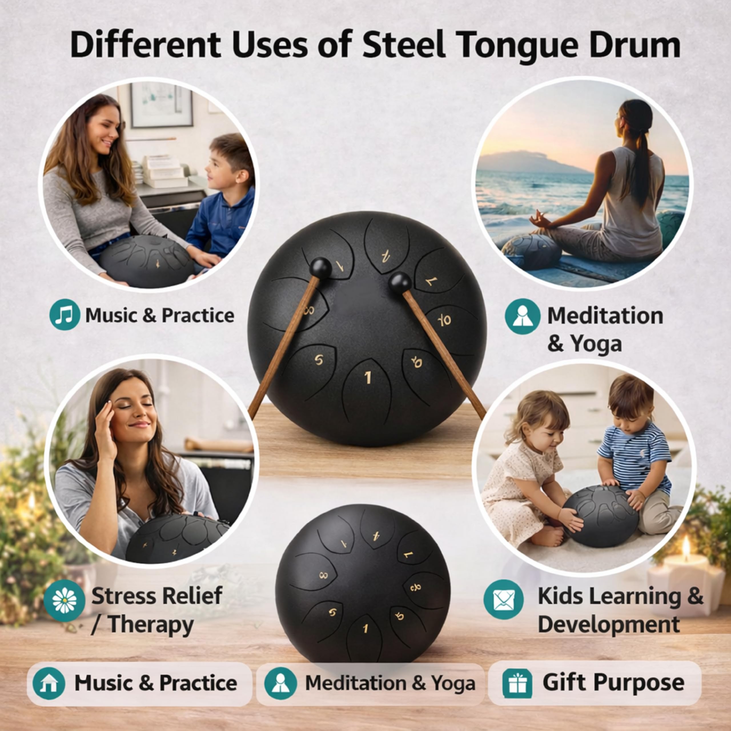 Truenix Steel Tongue Drum 8 Note, 6 inch Percussion Instrument Handpan Drum with Bag, Music Book & Mallets for Kids & Adults Meditation Musical Education Concert Mind Healing Yoga Rain Drum Black 1pcs 3