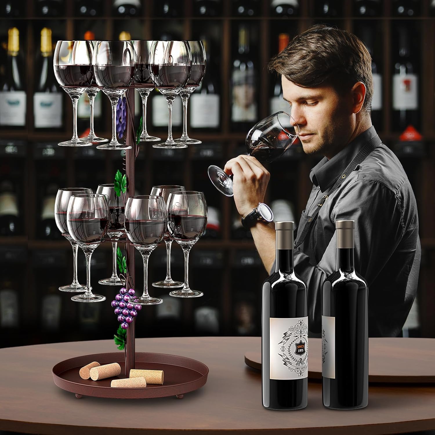 Freestanding Wine Rack with Glass Holder, Countertop Champagne Bottle & Hanging Wine Glass Holder Stand, Tabletop Stemware Storage Rack with 6 Hooks for Kitchen, Dining Table, Bar Display