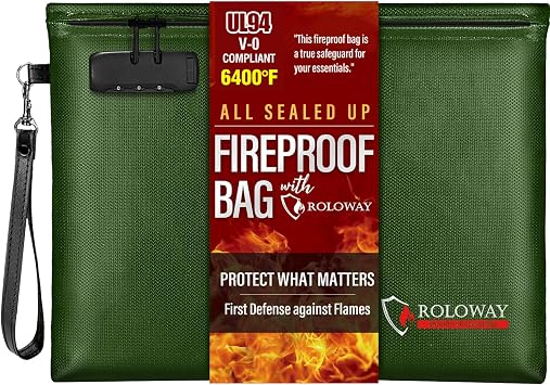 ROLOWAY Fireproof Document Bag 14.5 x 11.5 inch, 6400F Fireproof Money Bag with Zipper for Cash, Fire Safe Money Pouch with Lock Green