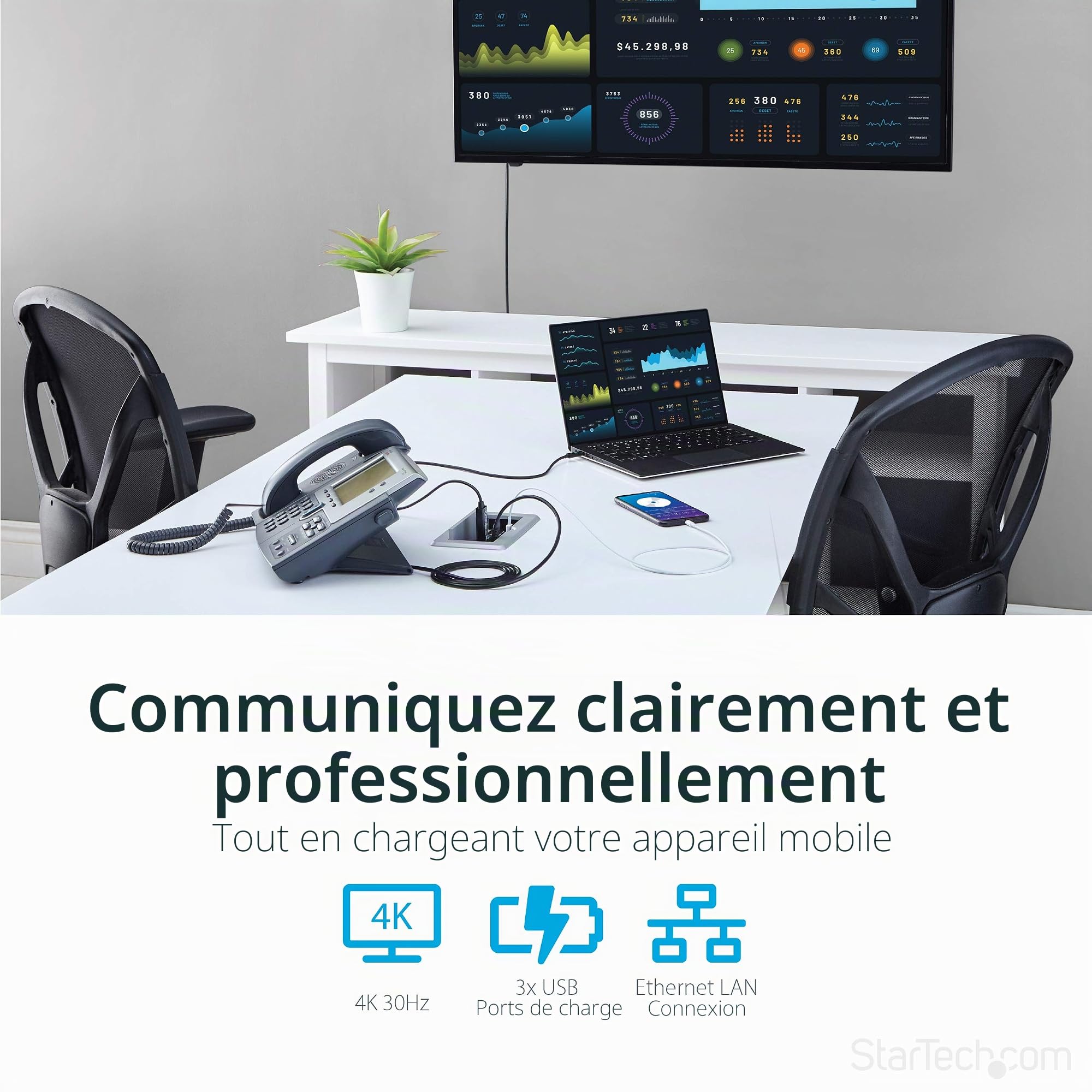 StarTech.com Boîtier de connexion pour table de réunion avec entrées DisplayPort, HDMI et VGA (BOX4HDECP2)
