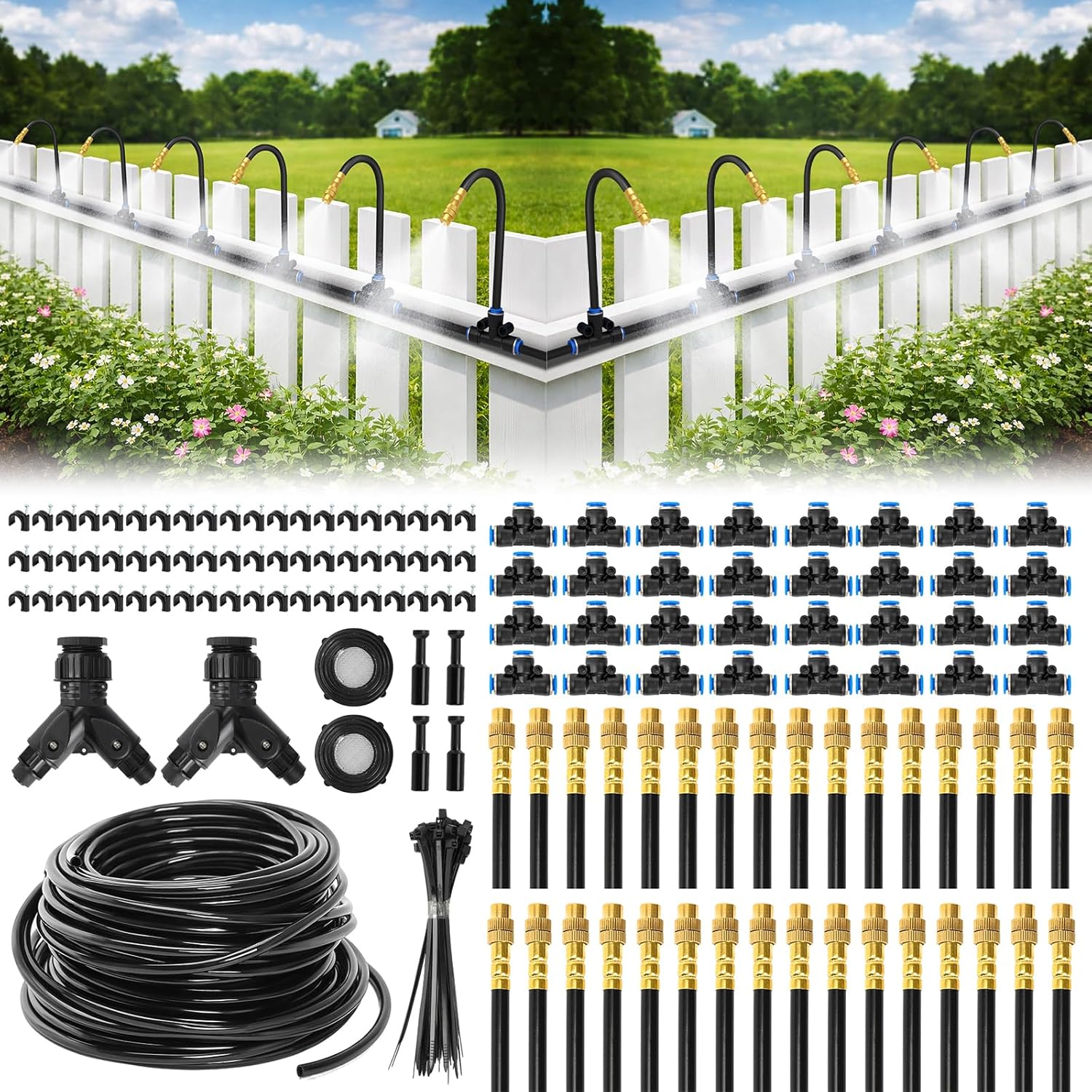 Bluepro Drip Irrigation System 200FT 1/4", 2026-Upgrade Garden Sprinkler Kit with 32PCS 360° Adjustable Copper Nozzles, Automatic Misting Watering System for Raised Beds, Greenhouse, Lawn, Patio, Yard