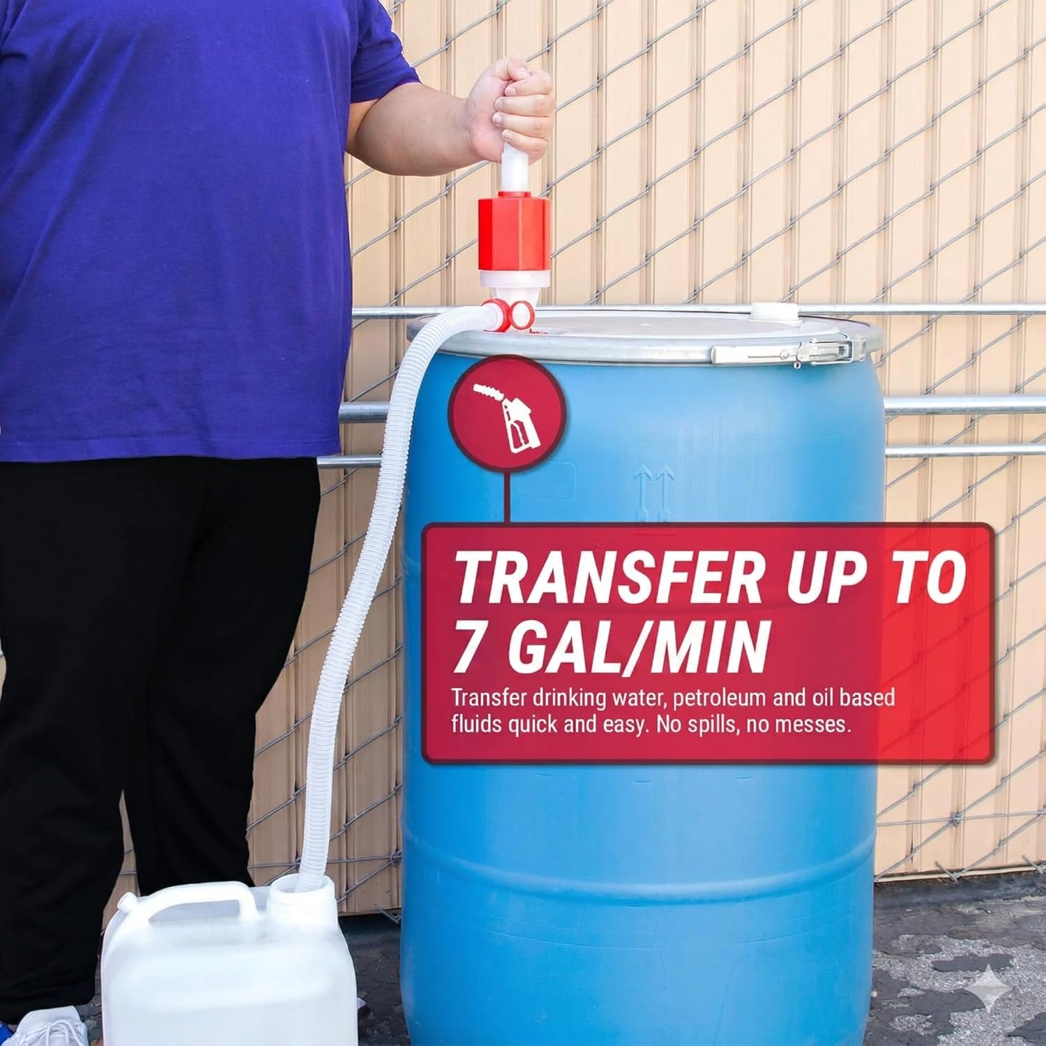 Hand Operated Drum Pump - Food Grade - BPA Free - Emergency Disaster - 55 to 5 -Gallon Drum Pump - Heavy Duty Barrel Siphon - Drinking Water Hand Pump - (7.0 Gallon Per Minute) - (Manual). Made in USA