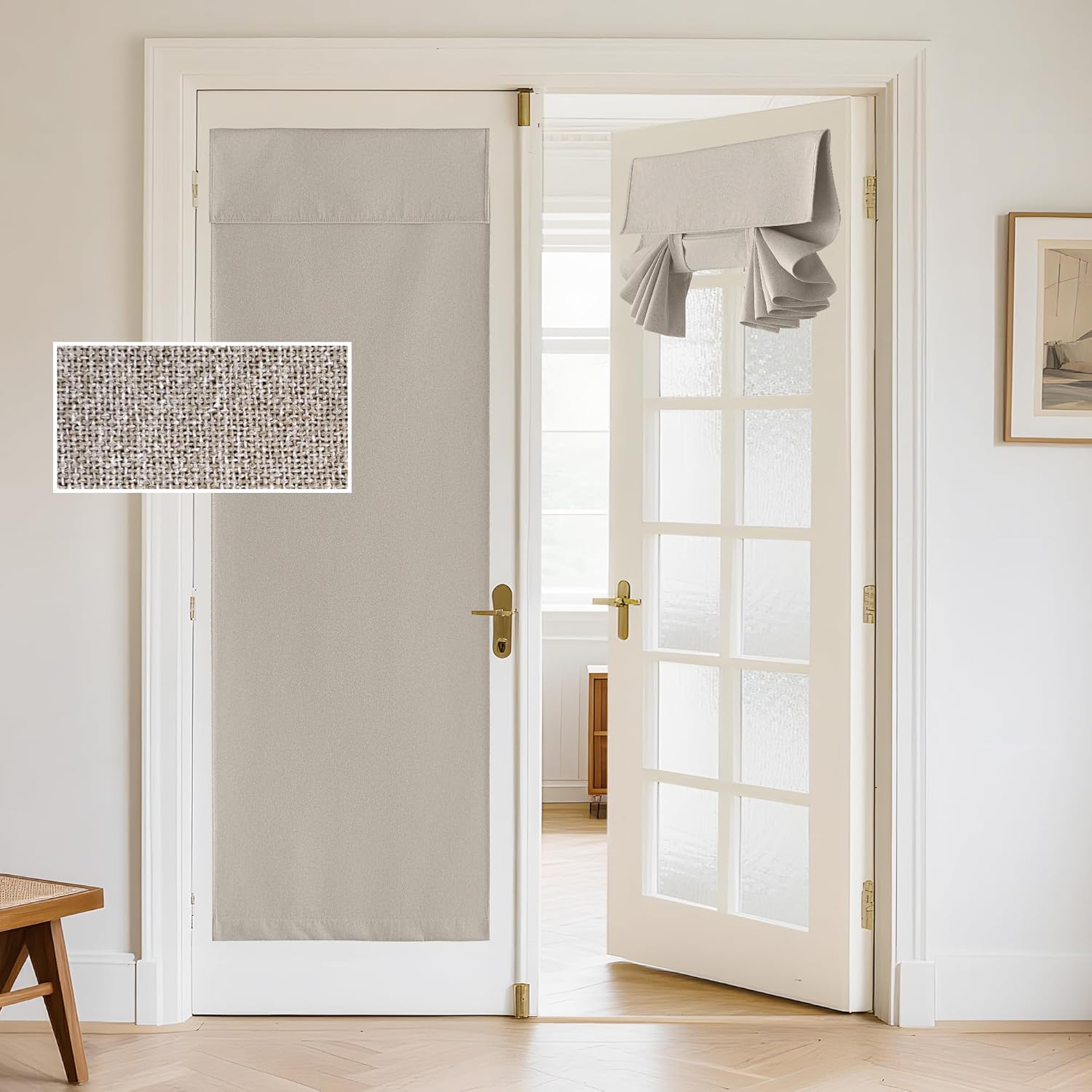 RYB HOME 100% Blackout Linen Door Window Curtains for French Door, Tricia Room Darkening Adhesive Privacy Assured Thermal Insulated Blinds for Kitchen Glass Window, W 26 x L 69, 1 Panel, Sand 26"W x 69"L (Pack of 1) Sand