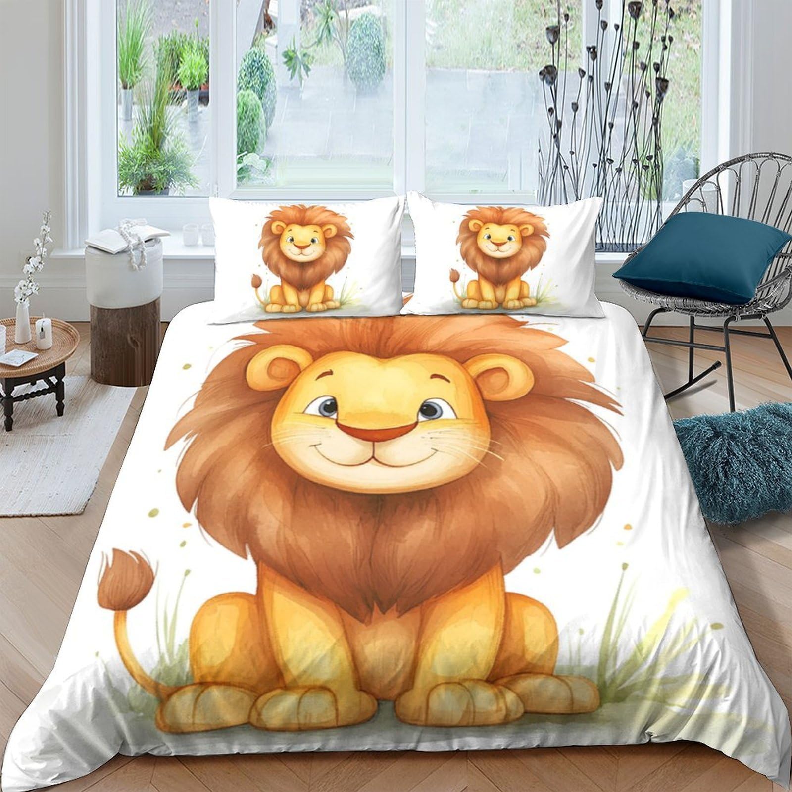 3D Printed Cartoon Lion Duvet Cover Microfiber Soft Breathable Safari Animal Bedding Set with 2 Pillowcases for Bedroom Decor Single（135x200cm）