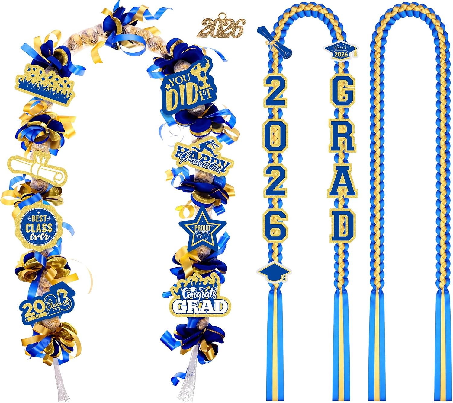 RoundFunny Blue Gold 99 Pcs Graduation Leis 2026 Candy Ribbon Leis Kit Class of 2026 Congrats Candy Necklace DIY Craft Accessories Graduation Gift for Party Supplies High School College