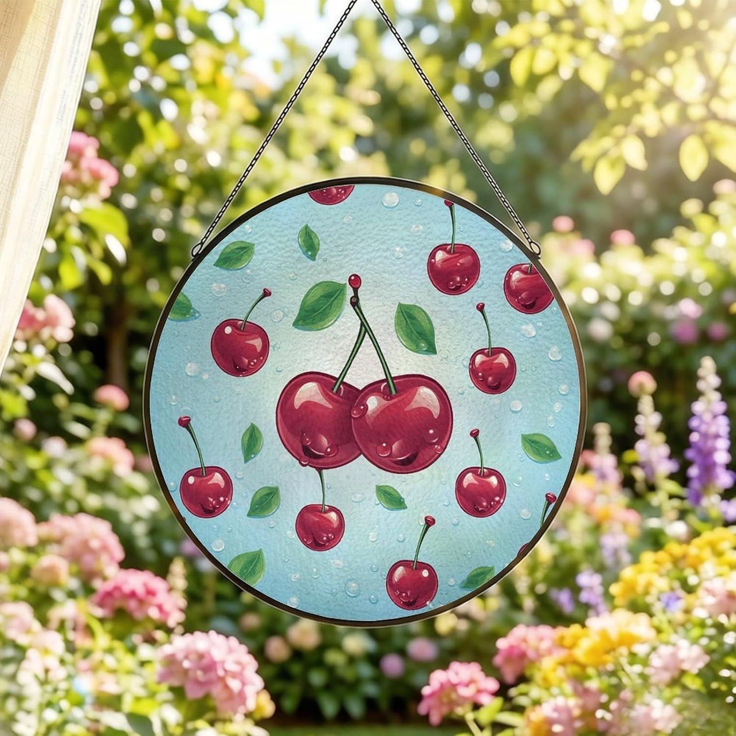 30x30cm Round Stained Glass Suncatcher for Window Hanging Decor with Chain