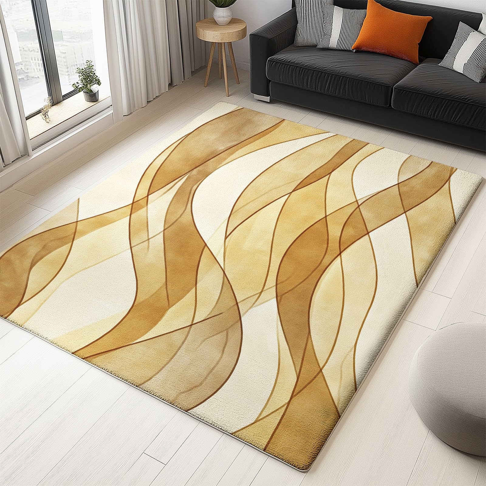 Générique Vagues Dorées Tapis de Chambre, 140 x 200 cm Poil Court Fin Doux Léger Résistant, Tapis Facile à Entretenir Design Vieilli pour Chambre à Coucher Salon entrée décoration d'intérieur