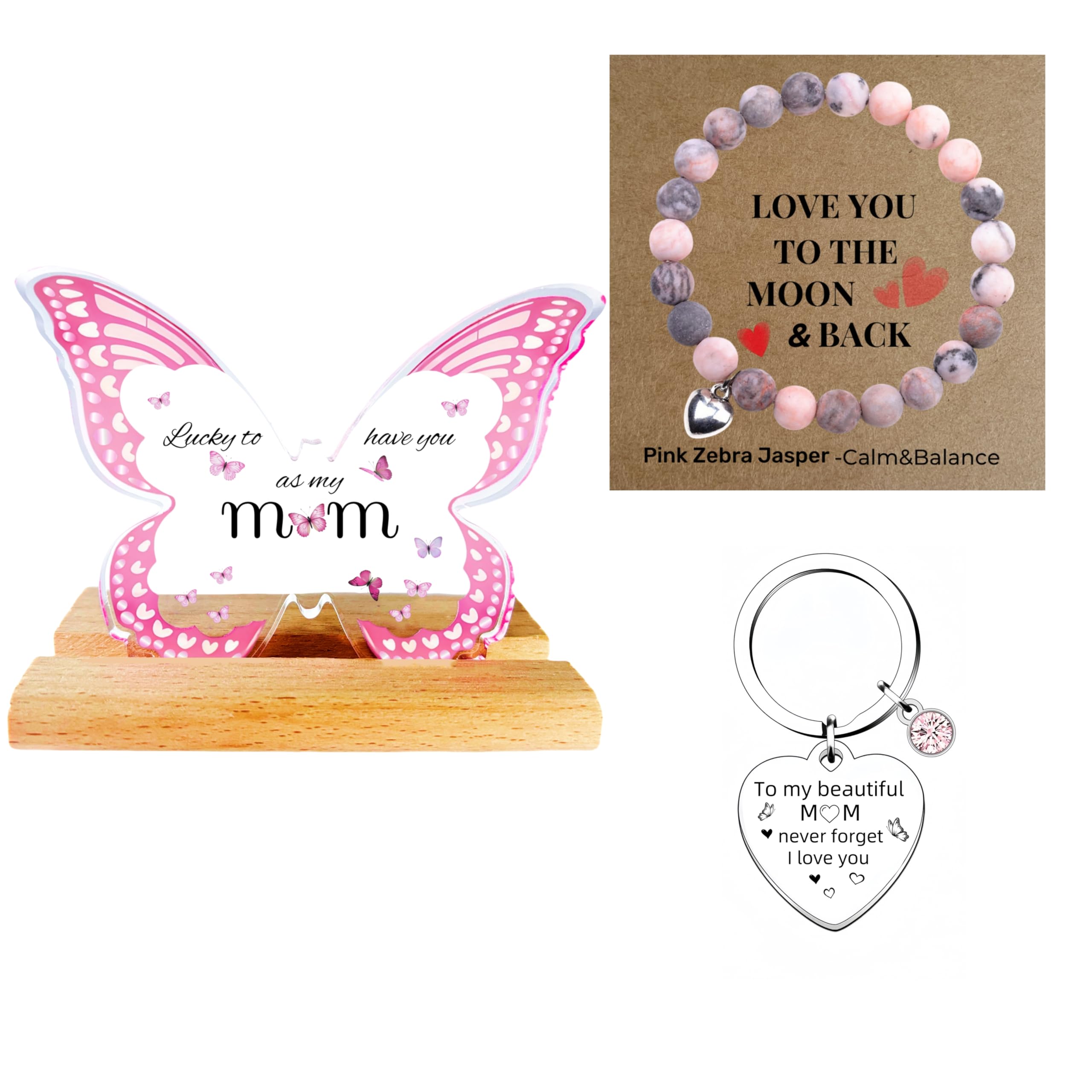 Heartfelt Gifts for Mum Christmas - Mum Birthday Gifts,Mothers Day Gifts, Love You to the Moon & Back - Acrylic Butterfly Display and Pink Zebra Jasper Multicolour Pink