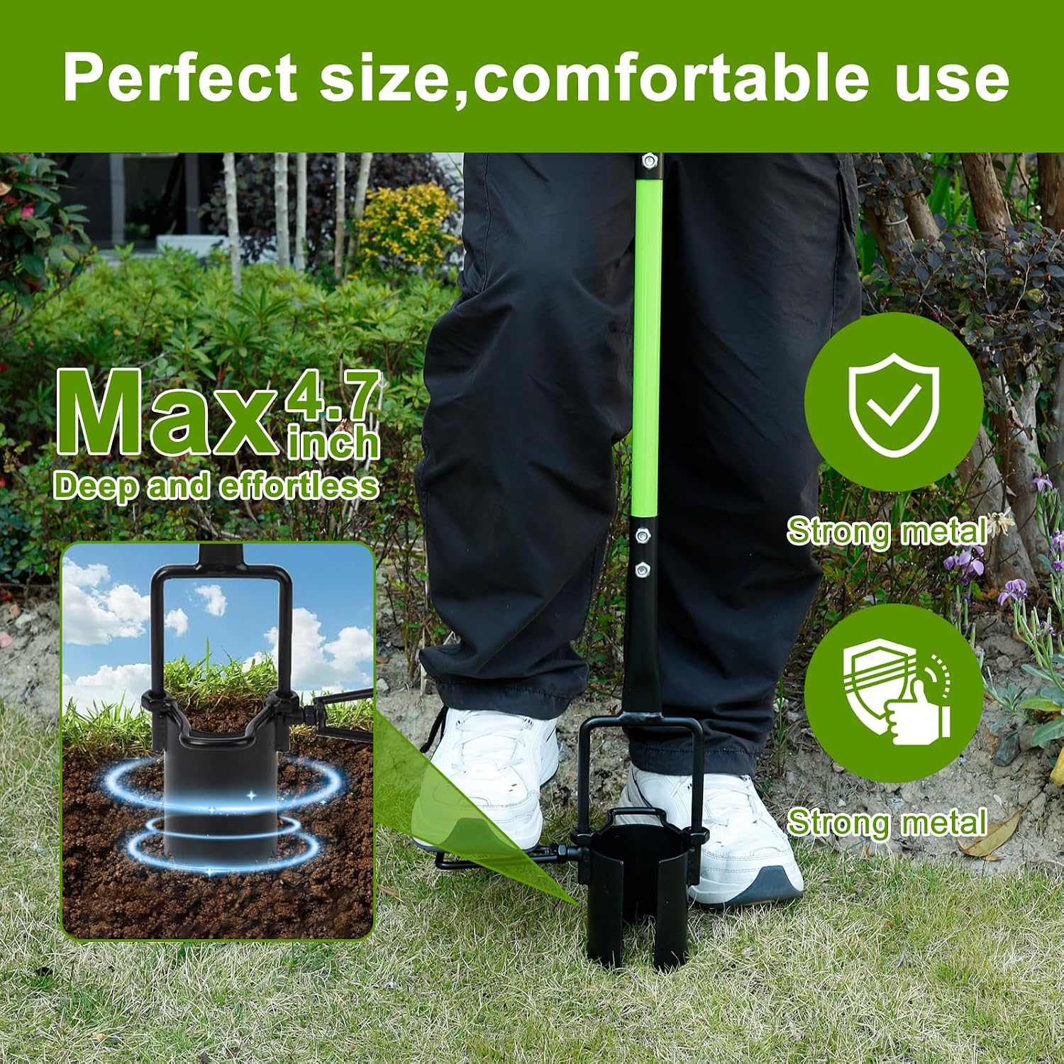 Bulb Planter Tool with 3.5" Wide Serrated Base, 34-INCH Seedling Transplanter, T Long Handle Sod Plugger Tool, Efficient Sod Plugger for Digging Holes Tulips