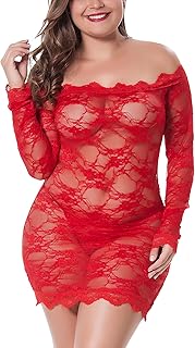 Sexy Dentelle Nuisette Grandes Tailles pour Femme Babydoll Lingerie Sans Épaules Lingerie de Nuit Robe Dentelle avec G-string S-4XL